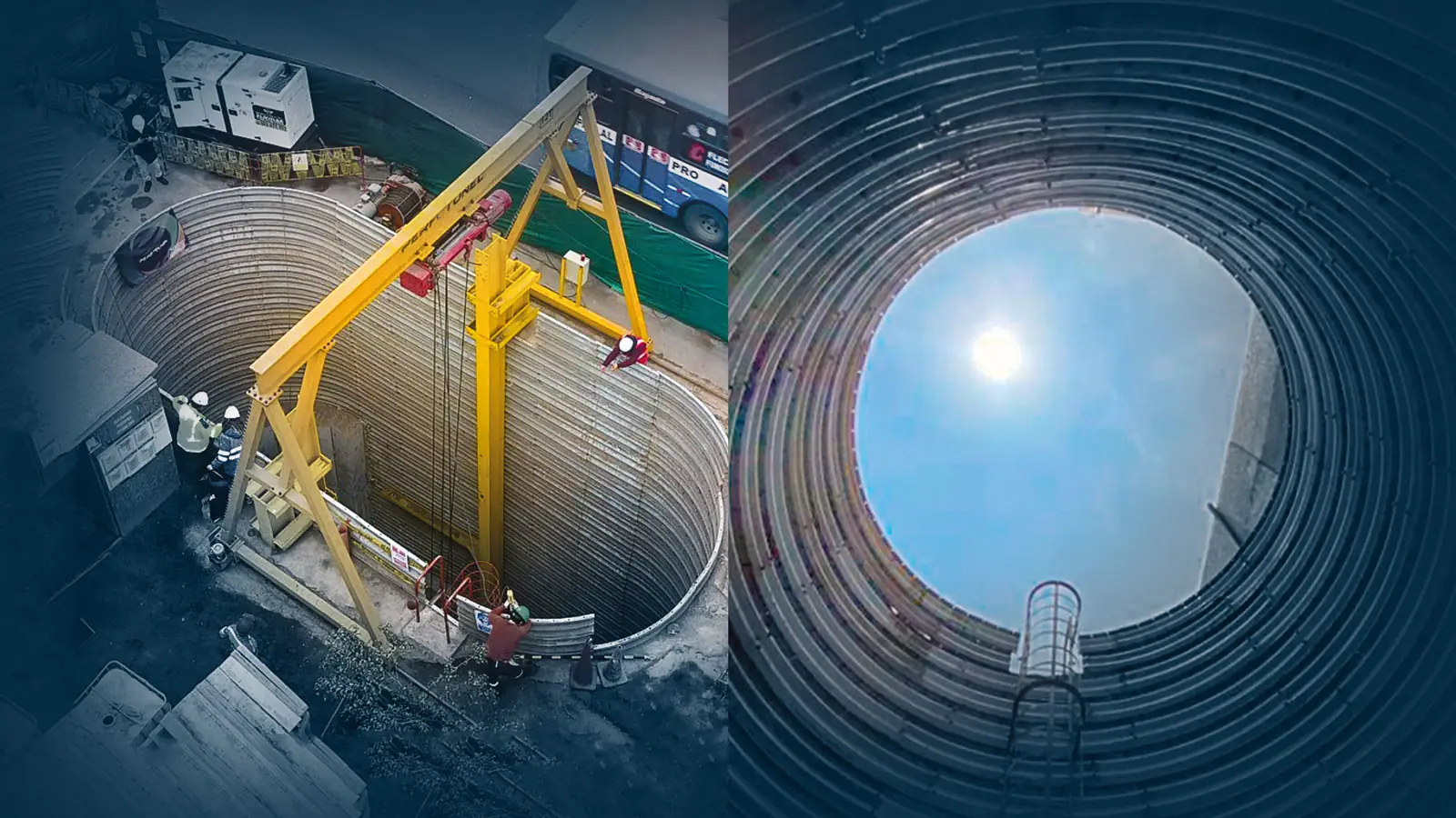 Poza circular ejecutada por PERFOTUNEL vista desde el aire, con pórtico de izaje